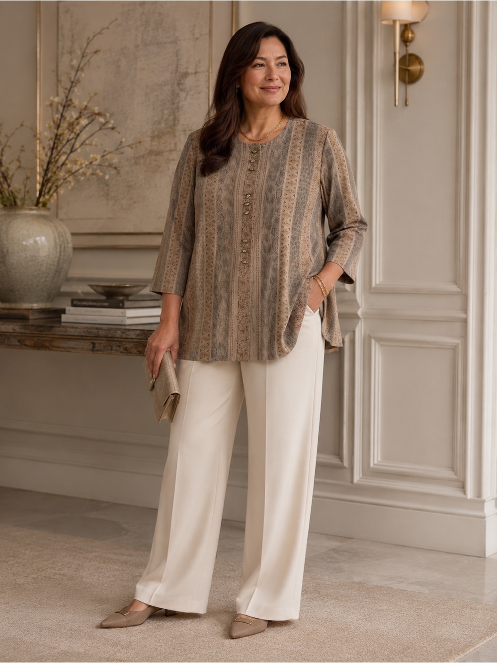 Women's R&M Richards By Karen Kwong Elegant Tunic Top | Gold Accent Buttons |
